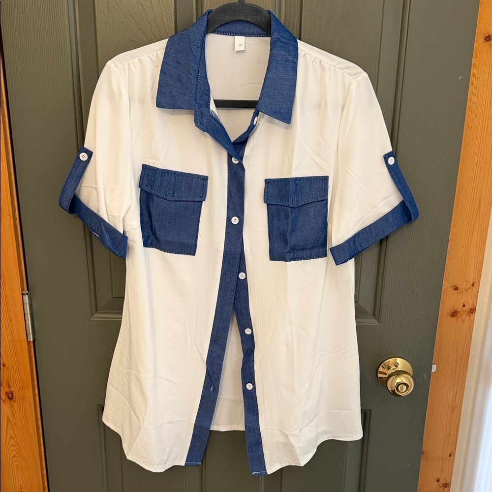 Men's White and Blue Button-Up Shirt